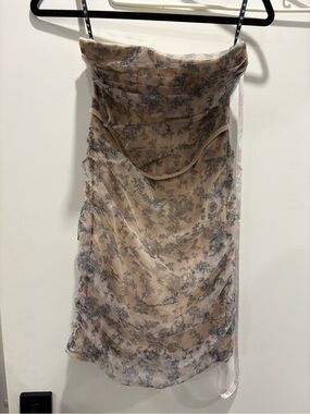 Missguided Strapless Beige Dress with Blue Floral Mesh